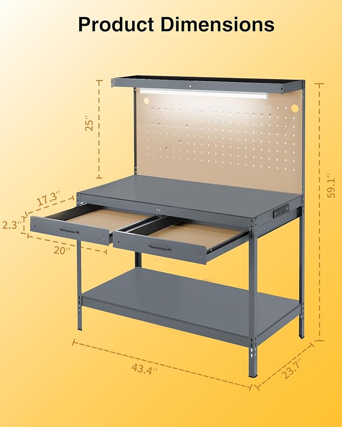 Work Bench, A3 Steel Garage Storage Workbench with Drawers Pegboard 600LBS Capacity Work Tool Bench, Workbench for Garage Workshop Basement, Work Table Light Gray