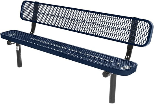 COATEDOUTDOORFURNITURE Coated Outdoor Furniture Heavy-Duty Outdoor Bench Thermoplastic Coated, Expanded Metal, Commercial-Grade Seating, Made in America (Inground with Back, 6 Ft, Textured Dark Blue)