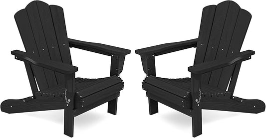 KINGYES Folding Adirondack Chair Set of 2, HDPE All-Weather Patio Chairs, Wooden Textured Lawn Chair for Poolside, Backyard, Deck, Fire Pit, Black