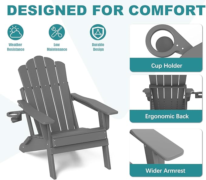 FOOWIN Adirondack Chair, Folding Adirondack Chair with Cup Holder, HDPE All-Weather Fire Pit Chair for Patio, Garden, Backyard, Poolside, Grey
