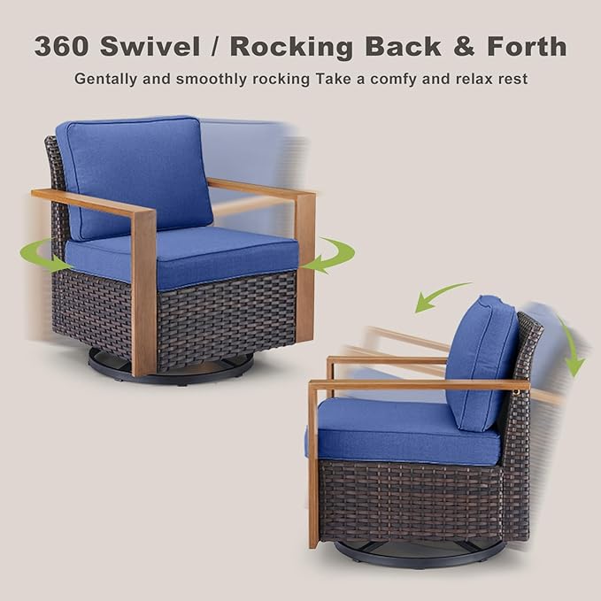 Rilyson Outdoor Wicker Patio Furniture Set - 7 Piece Patio Conversation Set with 4 Wicker Swivel Rocker Chairs,2 Rattan Ottoman and 1 Couch,Thick Cushions,Deep Seating,Wide Armrest(Brown/Blue)