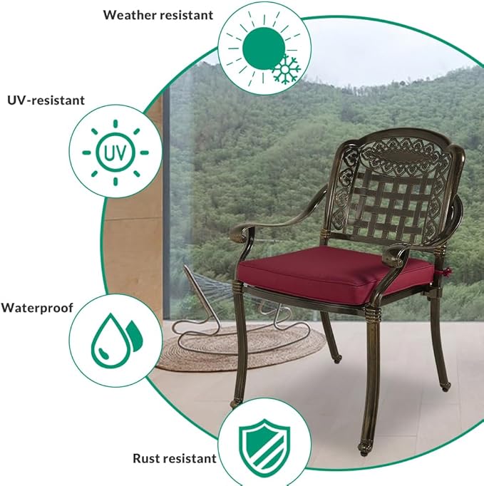 VIVIJASON 3-Piece Outdoor Patio Bistro Set, All-Weather Cast Aluminum Furniture Dining Sets Include 2 Cushioned Chairs and 31" Round Table w/Umbrella Hole for Balcony, Garden, Backyard, Red Cushion