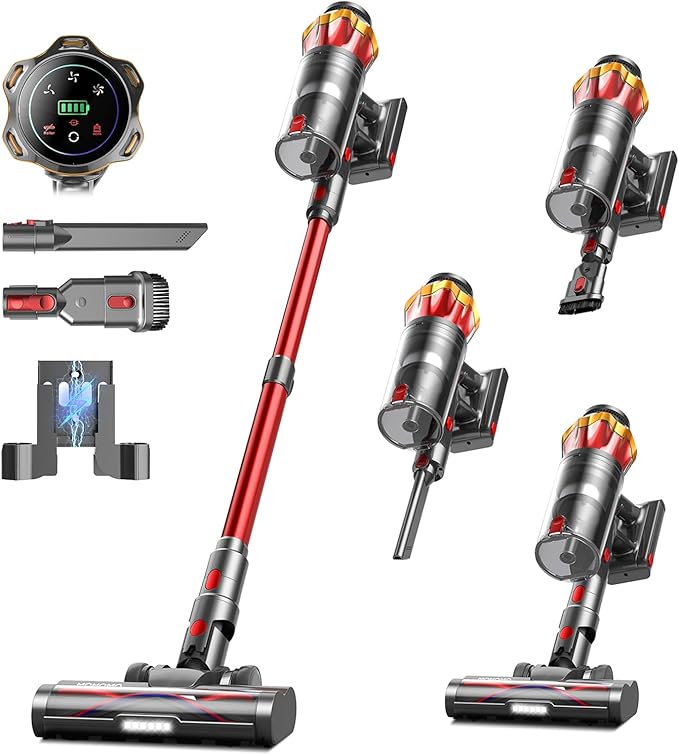 Cordless Vacuum Cleaner, 600W 50KPa 70Mins Vacuum Cleaners for Home, Self-Standing Stick Vacuum with Anti-Tangle Brush & OLED Touch Screen, Vacuum Cleaner for Hardwood Floors,Carpet,Pet Hair,Car (Red)
