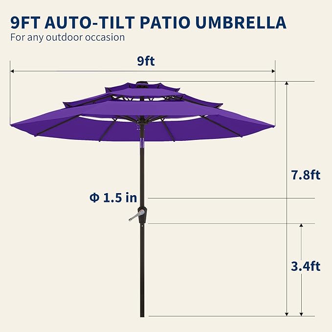 9FT 3 Tiers Patio Umbrella With Auto Tilt and Crank, Outdoor Table Market Umbrella with 8 Sturdy Ribs for Garden,Lawn,Deck,Backyard and Pool,Dark Purple