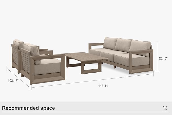 PURPLE LEAF Patio Furniture Set Open-End Outdoor Couch with 9.6" Thick Cushion and Soft Pillows 6 Piece Outdoor Sectional Sofas with Table Modern Outdoor Conversation Sets for Yard Porch Deck, Khaki