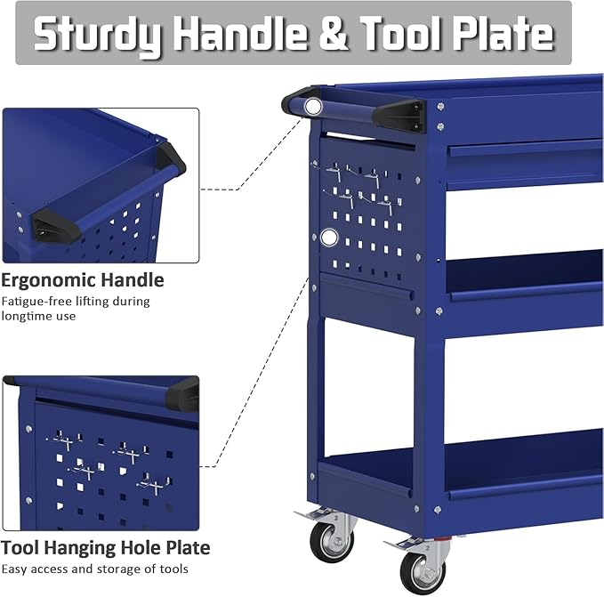 3 Tray Rolling Tool Cart, 400 LBS Capacity Mechanic Tool Carts on Wheels, Heavy Duty Utility Cart with Drawers, Metal Work Cart for Garage, Warehouse and Repair Shop, Blue