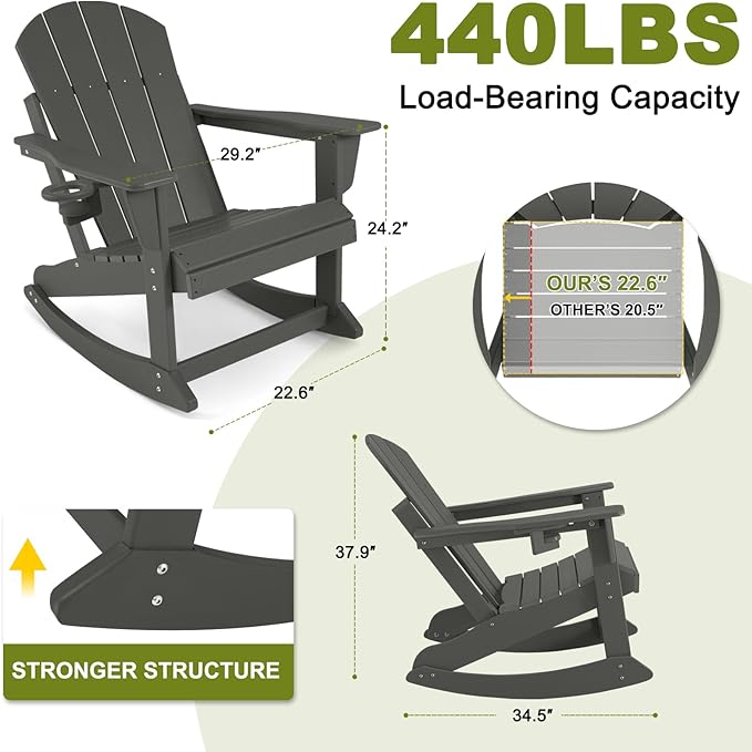 Outdoor Rocking Chair, HDPE Poly All-Weather Patio Rocking Chairs with Cup Holder for Adults, Porch Rocker for Deck Patio Balcony, 440lbs, Black