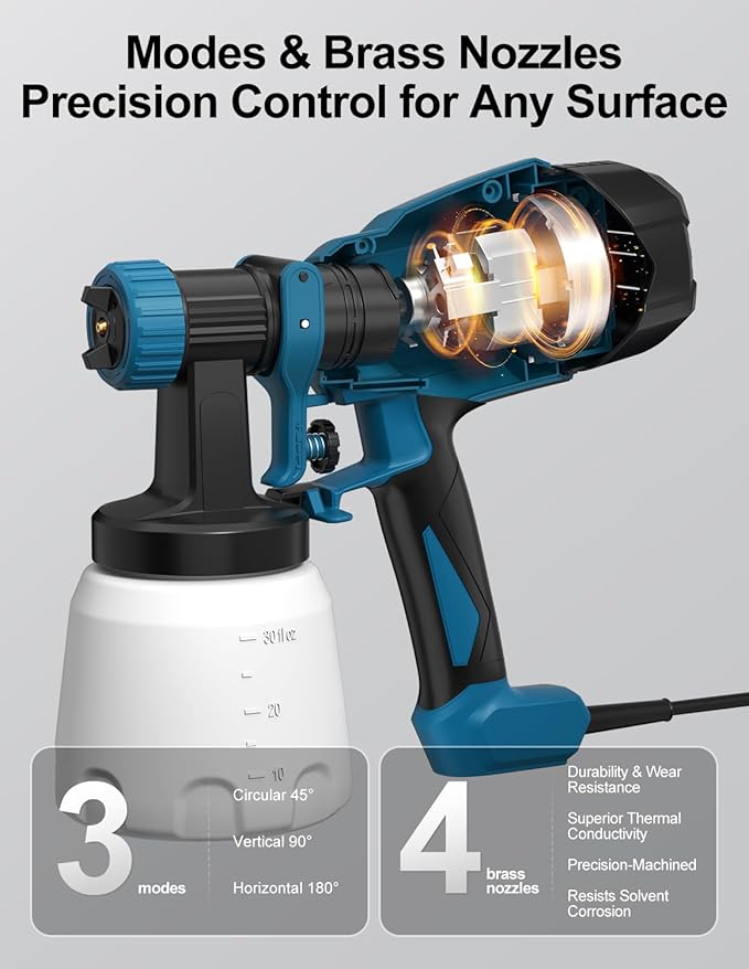 HVLP Paint Sprayer, Electric Spray Paint Gun, 3 Modes & 4 Barss Nozzles, with Cleaning & Blowing Joints, Variable Flow Control, for Doors, Fences, Furniture, Wall, Cabinet, Garden Chairs, etc.