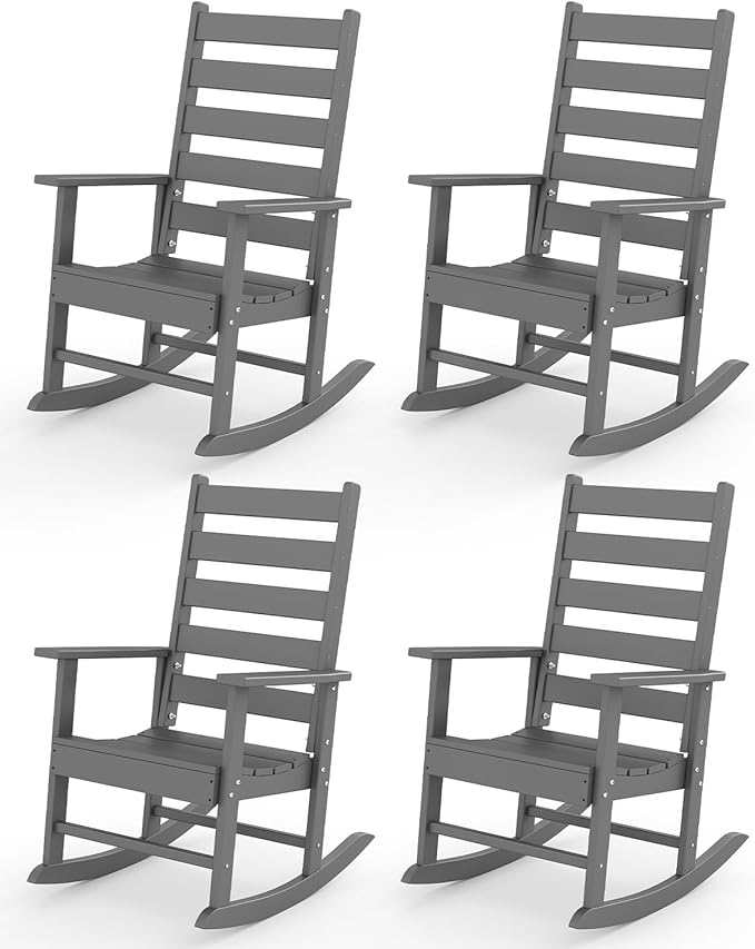 GREENVINES Outdoor-Rocking-Chairs-Set-of-4 | HDPE Plastic | Patio Rockers | Porch Rocker Chair | Shaker | Oversized | High Ladder Back | Big & Tall | PentaLuxe | Grey