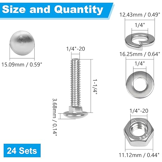 Yinpecly 24 Sets 1/4-20 x 1-1/4" Carriage Bolts Screws, 304 Stainless Steel Round Head Square Neck Carriage Bolts and Nuts Kit, with Flat & Lock Washers, Full Thread Coverage