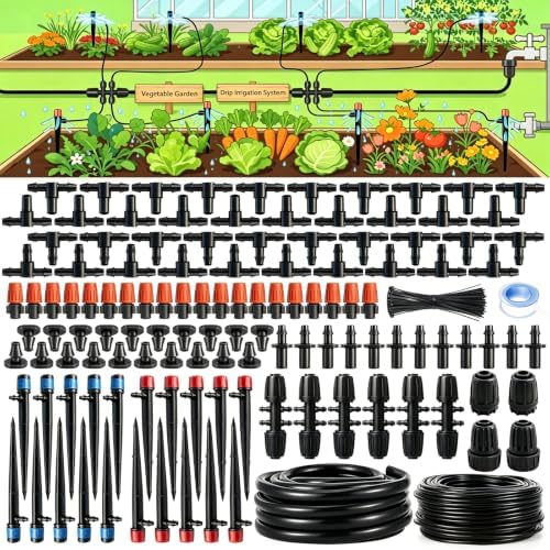 Dianrui 240FT Drip Irrigation System, Automatic Drip Irrigation Kit for Greenhouse/Yard/Lawn/Plant/with 1/2 inch Hose, 1/4 inch Distribution Tubing and Accessories