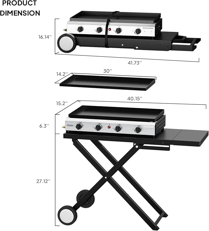 Bonnlo Foldable Flat Top Grill with 4 Burner, Powerful 40,000 BTU Propane Gas Grills with Ignition, Enamel Griddle, Side Shelf & Portable Cart with Wheels for Outdoor Camping Hibachi Grill Use
