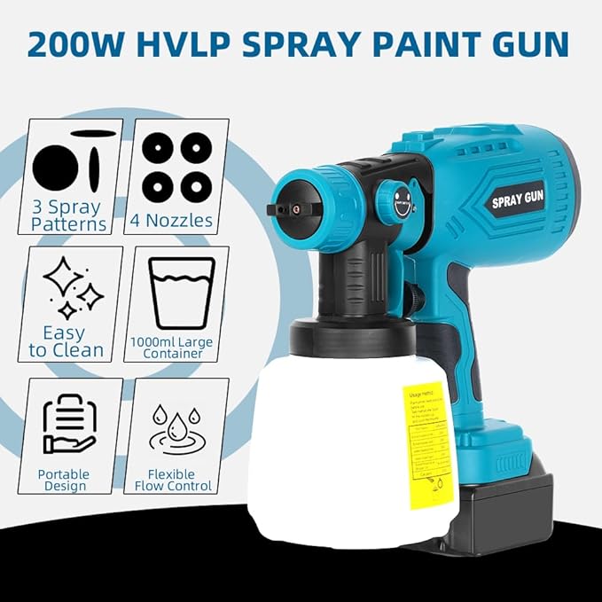 Paint Sprayer Compatible with Makita 18V Li-ion Battery, 200W HVLP Spray Paint Gun Tool,Copper Nozzle, Easy to Clean, for Furniture, Fence, Walls, Ceiling, Door etc. (No Battery)