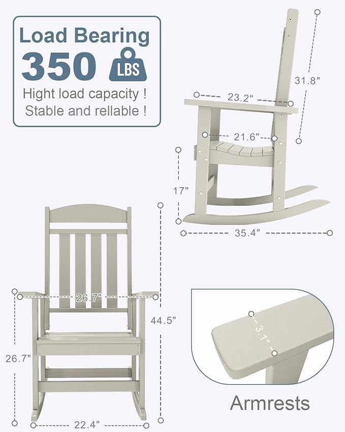 Outdoor Rocking Chairs, Oversized High Back Patio Rocking Chairs, All Weather Porch Rocking Chairs for Outside. Sand