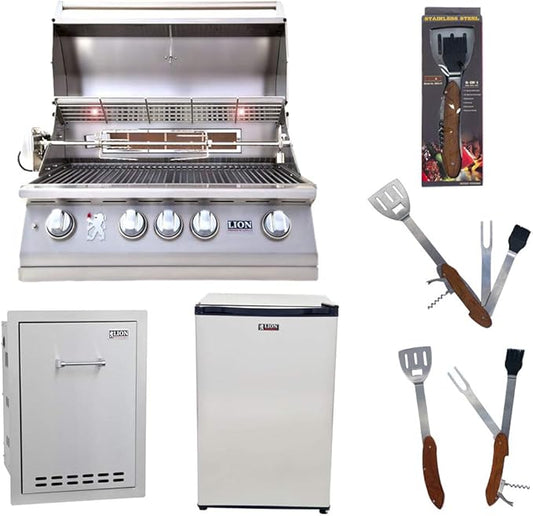 Lion Premium Grills 32-Inch Liquid Propane Grill L75000 with Lion Multi-Functional Drawer and Lion Refrigerator Package Deal with 5 in 1 BBQ Tool Set