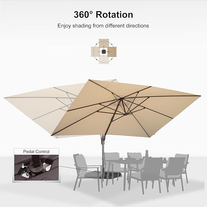PURPLE LEAF 10' X 13' Patio Cantilever Umbrella with Base Rectangle Umbrella Outdoor with Aluminum Offset Hanging and 360° Rotation for Pool Garden Deck Patio, Beige