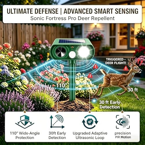 2026 Upgraded Sonic Fortress Pro Deer Repellent Devices,Solar Ultrasonic Animal Repellent with Motion Sensor & Strobe Light Waterproof Cat Deterrent Outdoor for Backyard,Yard,Flower Bed 4Pack