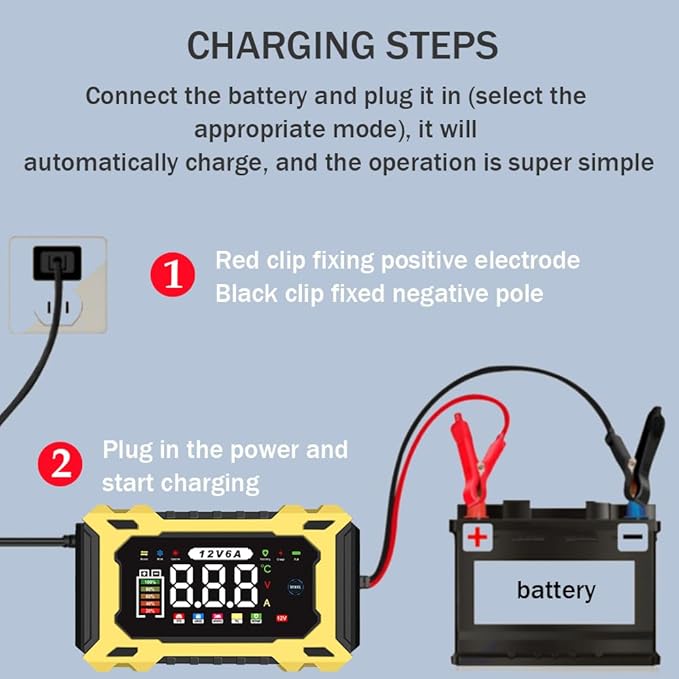 12V 6A Smart Battery Charger - Automotive Car/Motorcycle 12V Lead-Acid Battery Charger with LCD, Pulse Repair & Overcharge Protection
