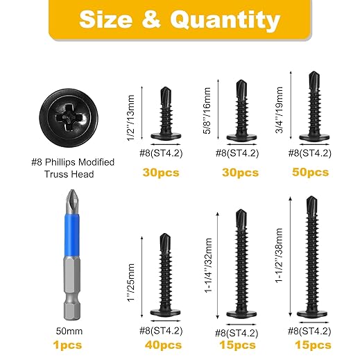 180 PCS #8 Self-Tapping Screws Assortment Kit with Driver,410 Stainless Steel Black Galvanized Pan Head Self Drilling Screws in 6 Sizes(1/2", 5/8", 3/4", 1", 1-1/4", 1-1/2")