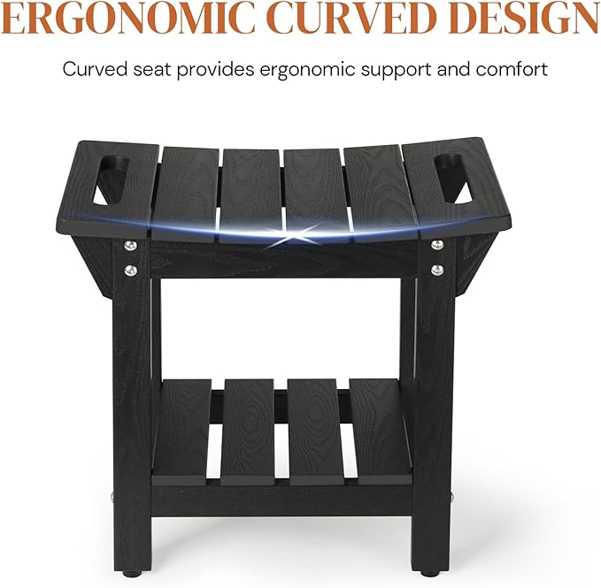 Stoog Shower Bench, Waterproof Shower Stool with Storage Shelf and Handles, Adjustable and Non-Slip Feet (Black, 18.6")
