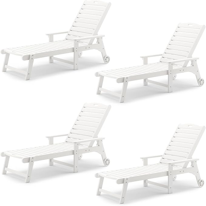 LUE BONA Outdoor Chaise Lounge Chairs Set of 4, HDPS Chaise Lounger, 5 Positions Adjustable Lounge Chairs, Pool Lounge Chair with Wheels for Poolside, 3 Year Warranty, White