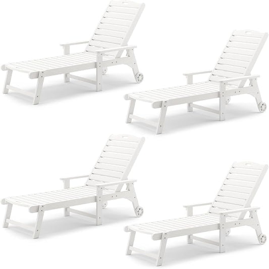 LUE BONA Outdoor Chaise Lounge Chairs Set of 4, HDPS Chaise Lounger, 5 Positions Adjustable Lounge Chairs, Pool Lounge Chair with Wheels for Poolside, 3 Year Warranty, White