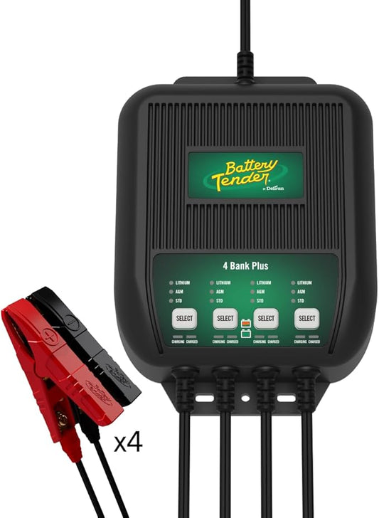 Battery Tender Plus 4 Bank Multibank Charger - 5 AMP (1.25 AMPs Per Bank) - Smart 12V Multi Battery Charger and Maintainer for Standard, AGM, and Lithium LiFePO4-022-0148-DL-WH