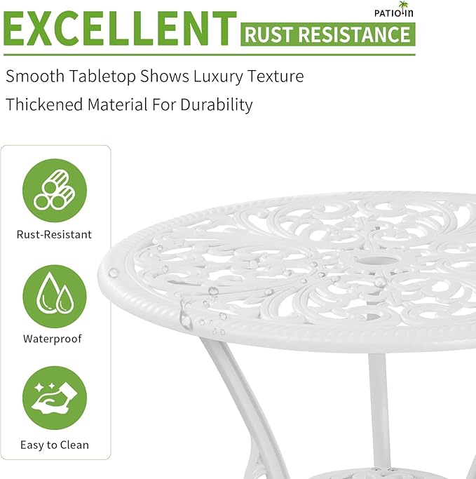 3 Piece Patio Bistro Set Cast Aluminum Bistro Table Set,All Weather Outdoor Dining Set with Umbrella Hole for Porch, Lawn, Garden, Backyard, Pool (White)