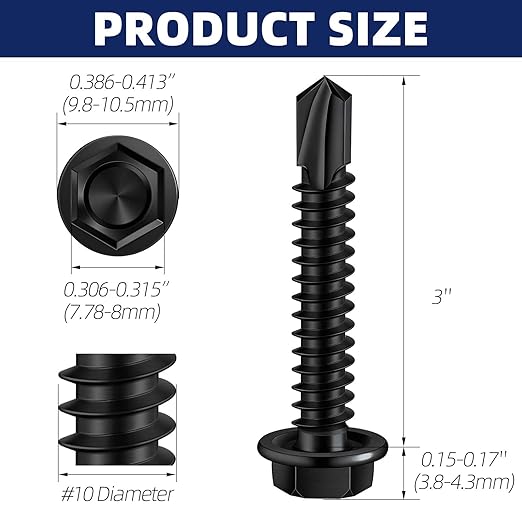 MewuDecor #10 x 3 (1/2" to 3" Available) Hex Washer Head Self Drilling Sheet Metal Screws with Drill Point, Stainless Steel 410, Black Oxide, 50 PCS
