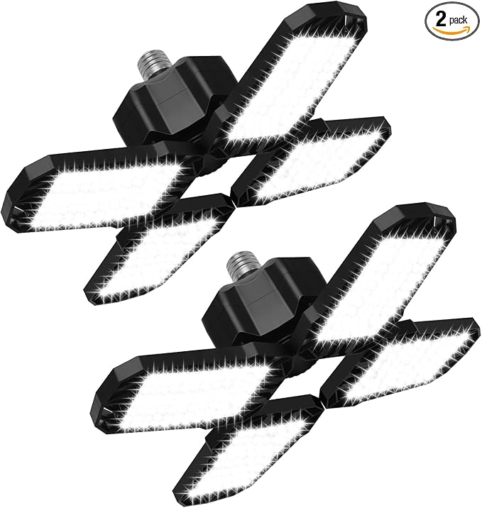 2 Pack LED Garage Light, 150W 15000LM 6500K LED Shop Lights, Garage Lights Ceiling Led with 4 Deformable Panels, Screw in E26/E27 Bulb Socket for Warehouse, Basement, Attic, Barn, High Bay Lighting