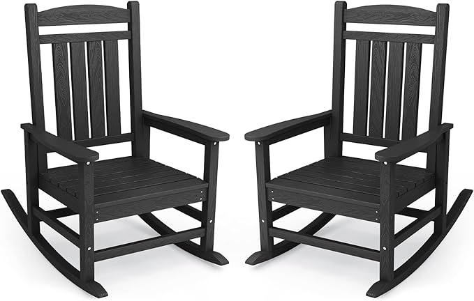 KINGYES Oversized Outdoor Rocking Chair Set of 2, HDPE Patio Rocking Chair, All Weather Porch Rocker, Black