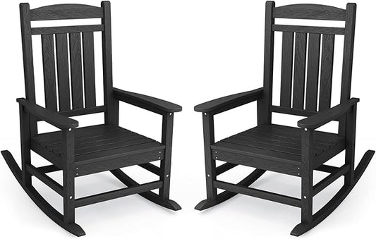 KINGYES Oversized Outdoor Rocking Chair Set of 2, HDPE Patio Rocking Chair, All Weather Porch Rocker, Black