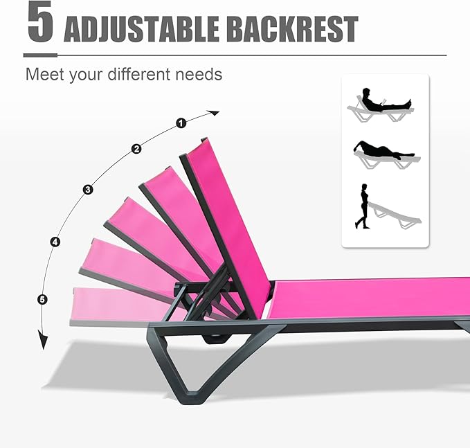 Domi Outdoor Lounge Chair, Aluminum Plastic Patio Chaise Lounge with Side Table & 5 Position Adjustable Backrest & Wheels, All Weather Reclining Chair for Outside Beach Poolside Lawn, Rose Red