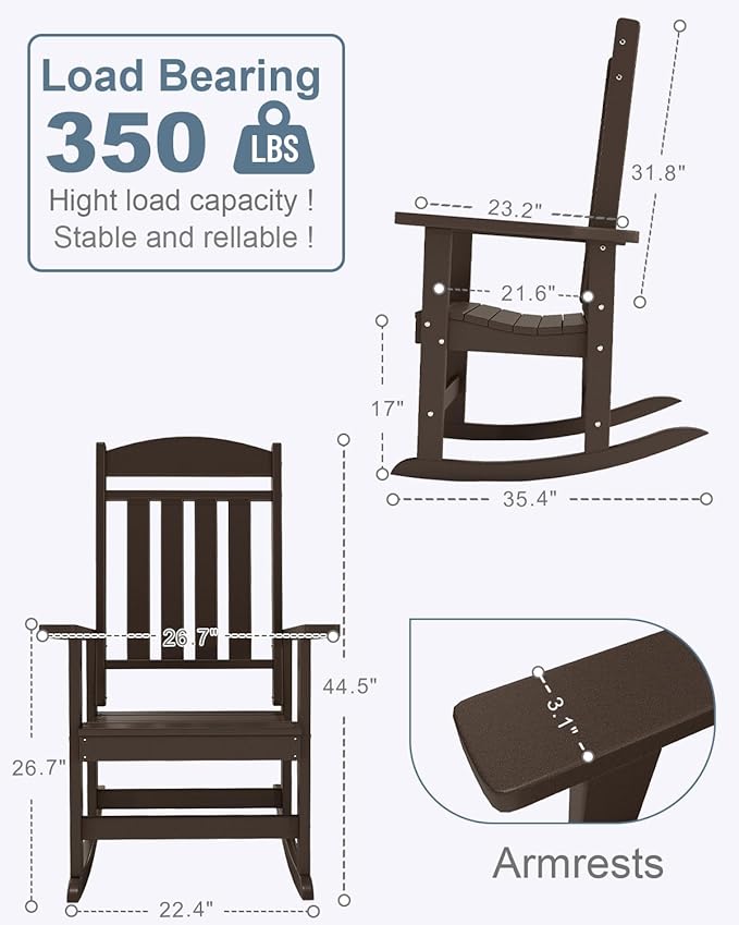 Outdoor Rocking Chairs Set of 2, Oversized High Back Patio Rocking Chairs, All Weather Porch Rocking Chairs for Outside. Coffee