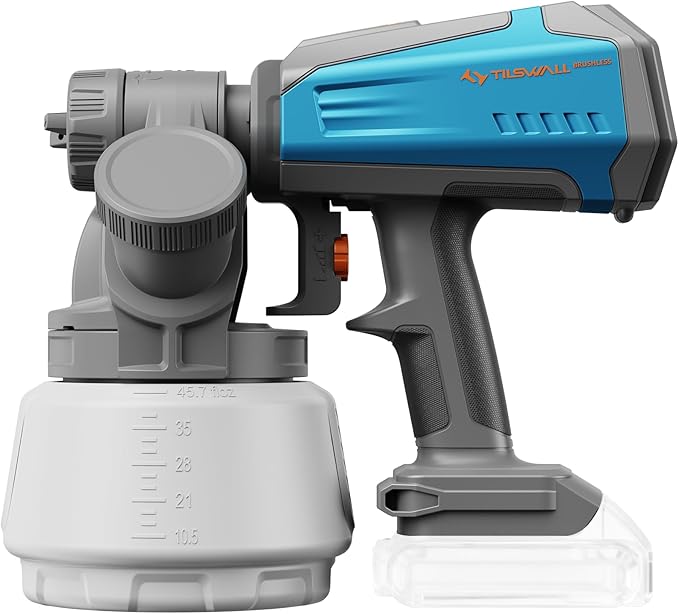 Tilswall Brushless Cordless Paint Sprayer Compatible with Dewalt 20V Battery (Battery Not Included), Easy Side-Fill, 1300ml Container, Electric HVLP Spray Paint Gun for House Painting, Furniture