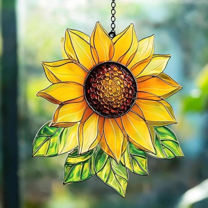 Sunflower Christmas Ornament Flower Suncatcher Window Hanging Acrylic Stained Glass Effect Art Garden Decor Unique Gift for Mom Women Grandma Gardener Thanksgiving