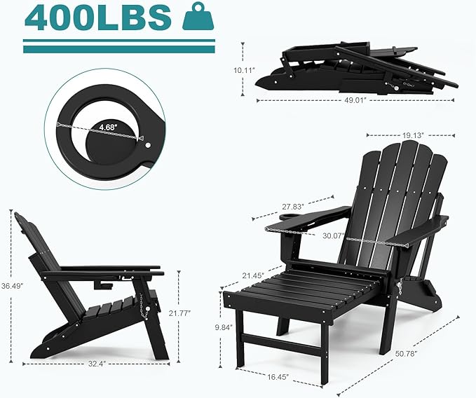 FOOWIN Adjustable Adirondack Chair with Retractable Ottoman Set of 4, Folding Adirondack Chair with Cup Holder, HDPE All-Weather Fire Pit Chair for Patio, Yard, Poolside, Black