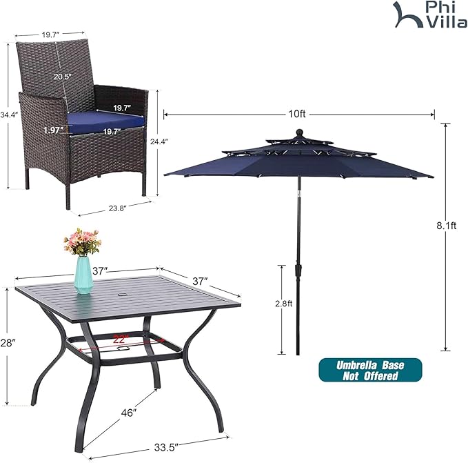 PHI VILLA 5 Piece Patio Dining Set with 10ft Umbrella, 37" Square Metal Dining Table & 4 Cushioned Rattan Chairs with Blue Umbrella for Outdoor, Deck, Yard, Porch