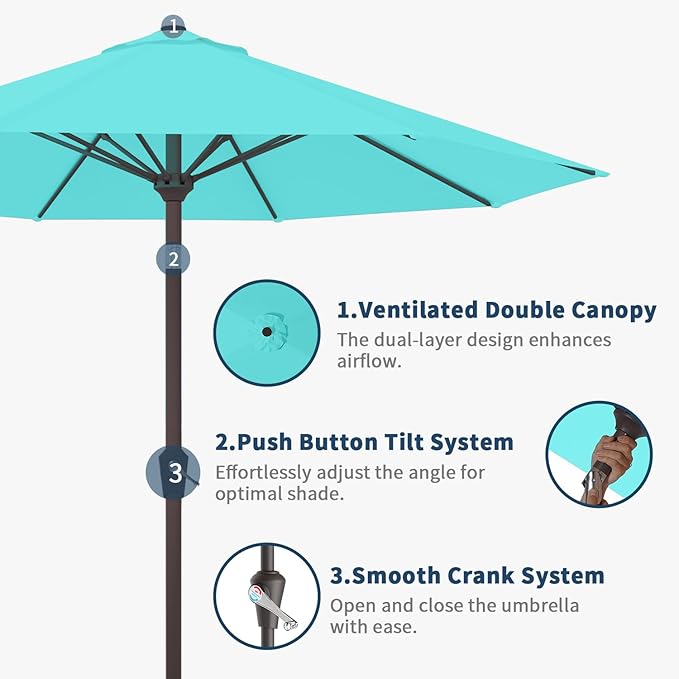 10FT Patio Umbrella Outdoor Market Umbrella with Crank and Tilt, 8 Flexible Fiberglass Ribs, UV-Resistant Waterproof Canopy for Patio, Deck, Garden, Backyard, Aqua Blue