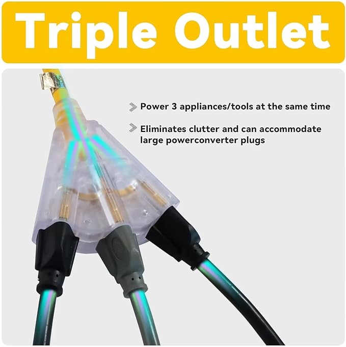 EP 50 Ft 12 Gauge Heavy Duty Extension Cord, 15A 125V 1875W, 3 Outlet Indoor/Outdoor Power Cord with Lighted End, 12/3 SJTW Weatherproof Yellow, UL Listed
