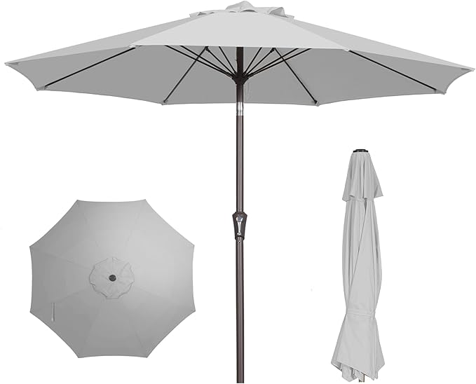 PatioKingdom 9FT Patio Outdoor Umbrella-UPF 50+ Sun Shade with Wind Vent, Push-Button Tilt & Smooth Crank Lift, Rust-Resistant Fiberglass Frame for Garden, Backyard,Yard (Light Gray, 9FT)