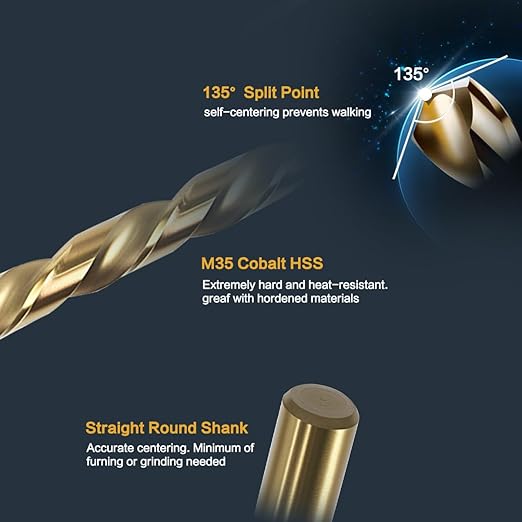 BeHappy 115Pcs Cobalt Drill Bits Set, High Speed Steel, 135 Degree Tip, Twist Jobber Length Drill Bit Kit for Hardened Metal, Plastic and Wood with Metal Indexed Storage Case, 1/16"-1/2"