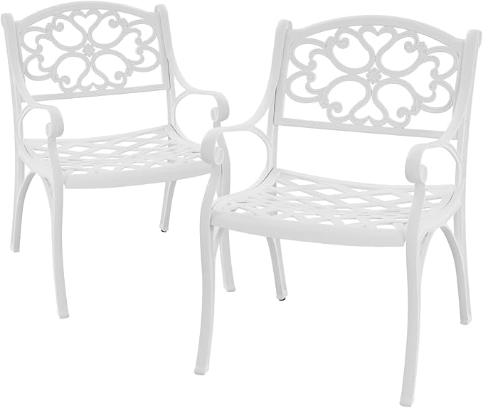 Outdoor Patio Chairs Set of 2 Metal Patio Bistro Dining Chairs with Armrests,Cast Aluminum Patio Furniture Bistro Chairs for Porch,Poolside,White