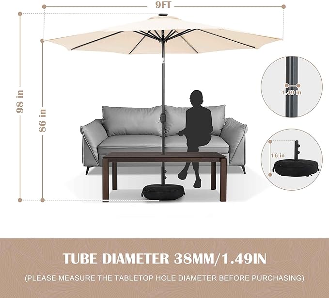 Sundale Outdoor Olefin 5-Year-Non-Fading Solar 80 LED 9 FT Solar Patio Umbrella with Sand Bag Base, Outdoor Umbrella with Tilt and Crank, Beige