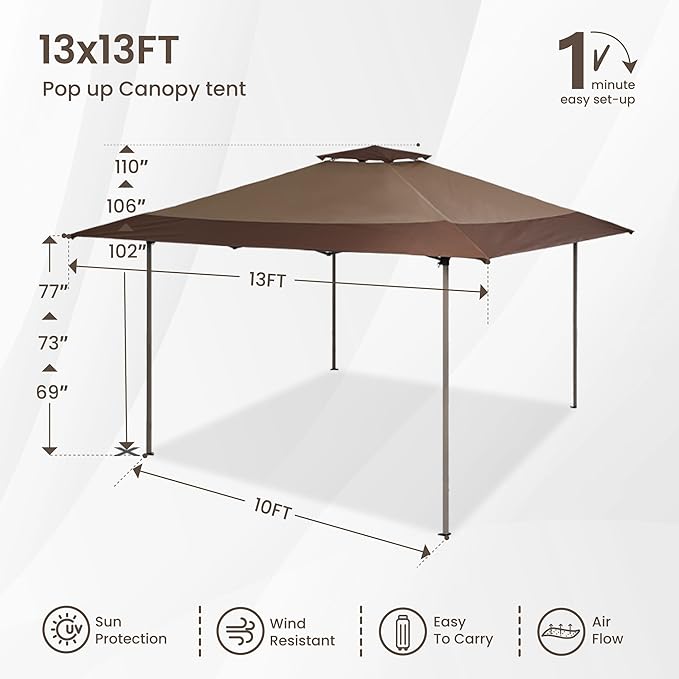 PHI VILLA 13'x13' UV Block Sun Shade Gazebo Canopy with Hardware Kits, Gazebo Shade for Patio Outdoor Garden Events, Brown