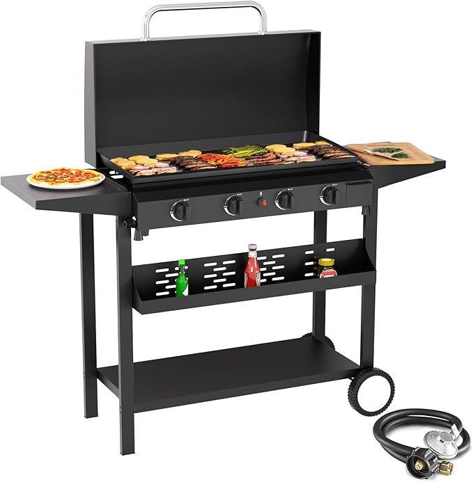 SKOK 4 Burners Outdoor Gas Griddle with Hood, Portable Flat Top Gas Grill-Table Top Propane Griddle Station with Side Shelves