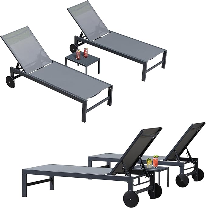 PURPLE LEAF Chaise Lounge Chair with Wheels for Outside 4 Pieces Aluminum Outdoor Lounge Chairs with 5 Adjustable Position Recliner for Patio Beach Yard Pool Side Table Included Grey