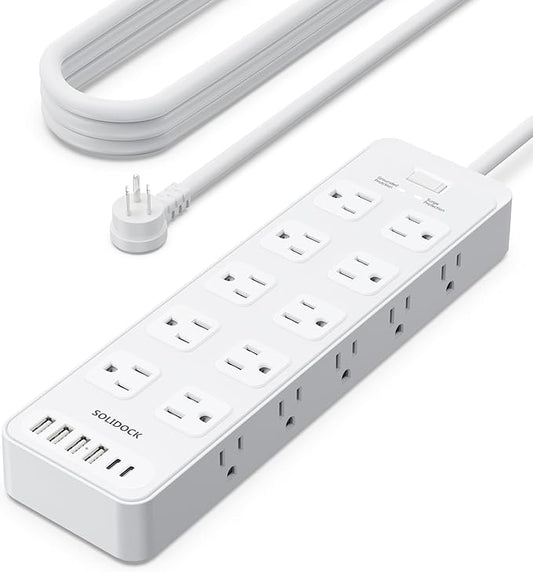 Flat Plug Power Strip Surge Protector with 20 AC Outlets 6 USB Chagring Ports, 1875W/15A, 2700J, Heavy Duty Extension Cord 6 Ft for Home, Office, Dorm, Gaming,ETL Listed (White, 6FT)