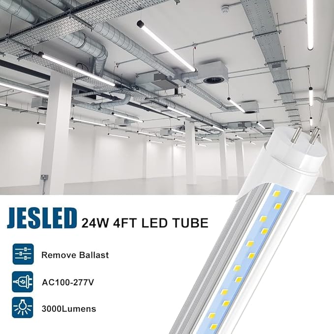 JESLED T8 LED 4FT Type A+B Light Bulbs, 24W(65W Equivalent), 3000LM, 6000K Super Bright, Plug and Play or Ballast Bypass, 4 Foot LED Fluorescent Tube Replacement, ETL Listed, Dual-Ended, Clear 16-Pack