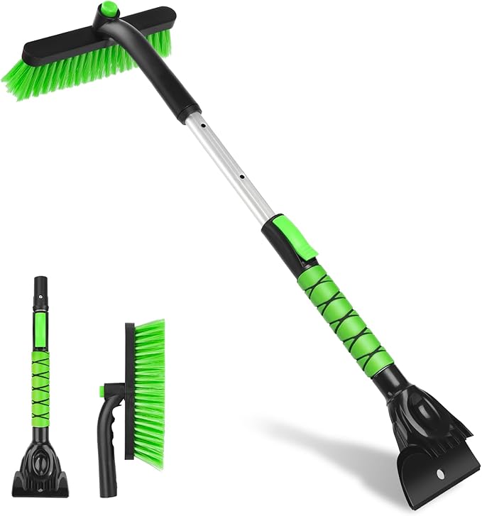 Yougfin Snow Brush with Ice Scraper 33 inch, 2 in 1 Extendable Snow Removal for Cars with Foam Grip and 360° Pivoting Brush Head, Heavy Duty Snow Cleaner for Auto Truck SUV